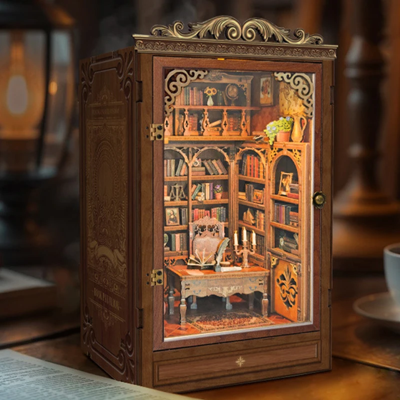 Diy Wooden Book Nook Kit Shelf Insert - ชุดโมเดลไม้จิ๋วสำหรับทำเอง ชั้นวางหนังสือแบบบ้านหนังสือ พร้อมไฟ ของตกแต่งชั้นหนังสือ สำหรับเป็นของขวัญวันเกิดให้เพื่อน