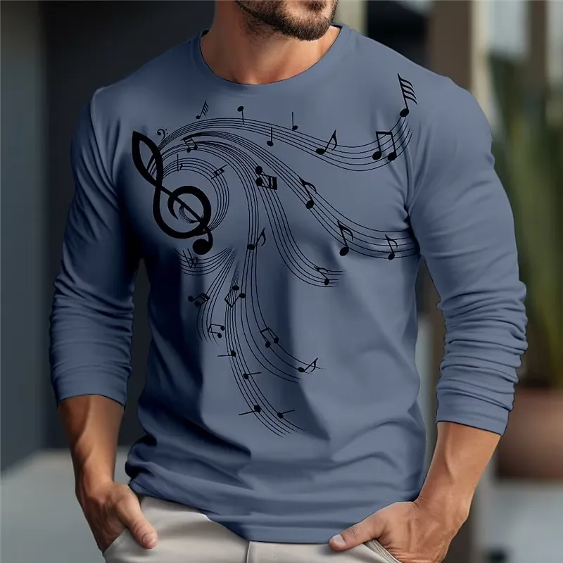 Music - เสื้อยืดแขนยาวผู้ชาย ลายพิมพ์ดนตรี 3D แฟชั่นผ้าฝ้าย คอกลม สไตล์ลำลอง